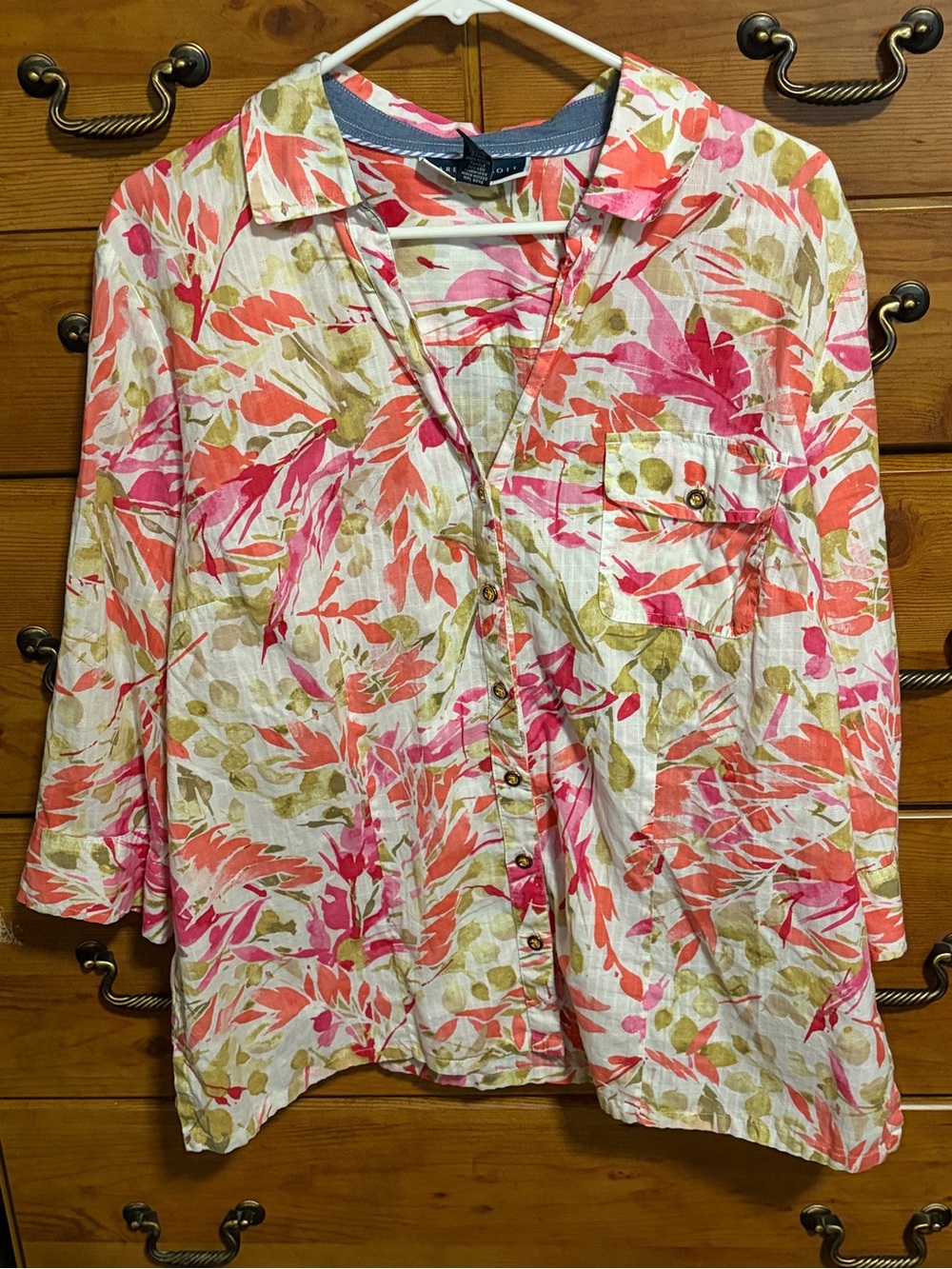 Karen Scott Pink Coral & Olive Floral Button-Up Blouse